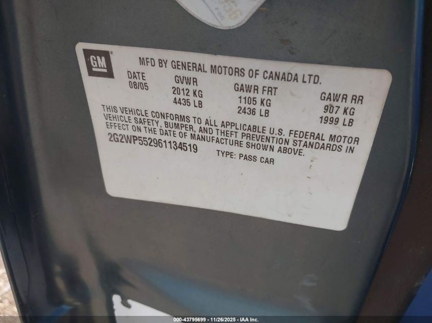 2006 Pontiac Grand Prix VIN: 2G2WP552961134519 Lot: 43795699