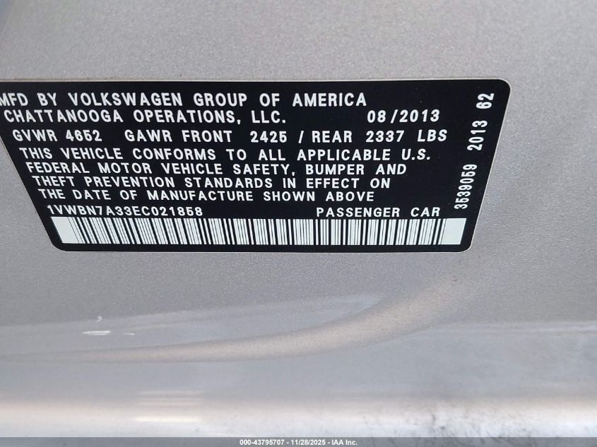 2014 Volkswagen Passat 2.0L Tdi Se VIN: 1VWBN7A33EC021858 Lot: 43795707