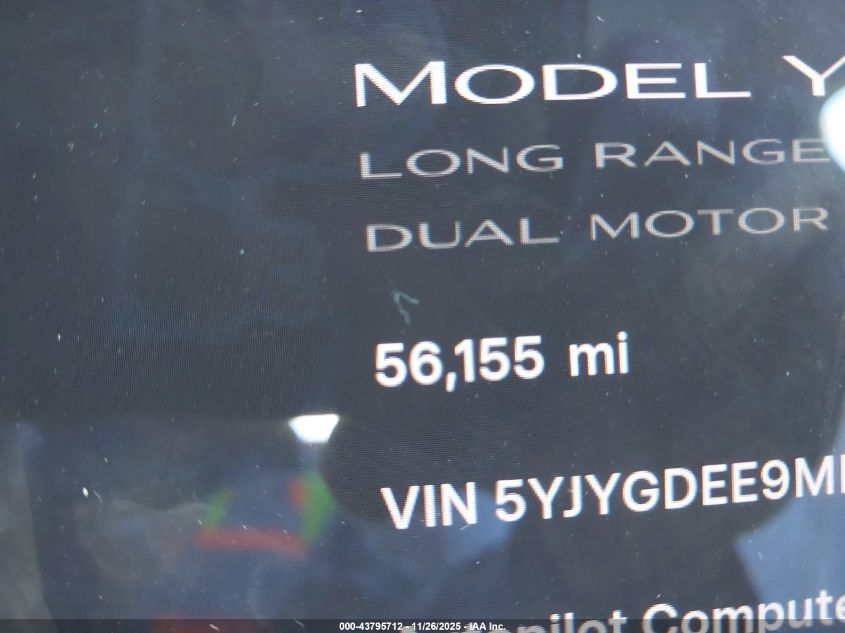 2021 Tesla Model Y Long Range Dual Motor All-Wheel Drive VIN: 5YJYGDEE9MF090010 Lot: 43795712