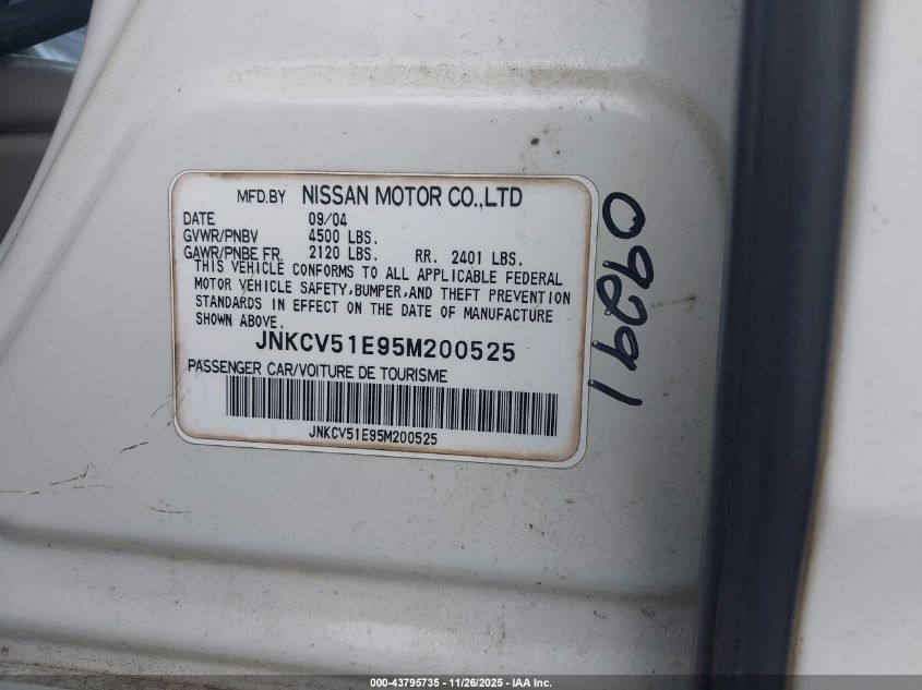 2005 Infiniti G35 VIN: JNKCV51E95M200525 Lot: 43795735