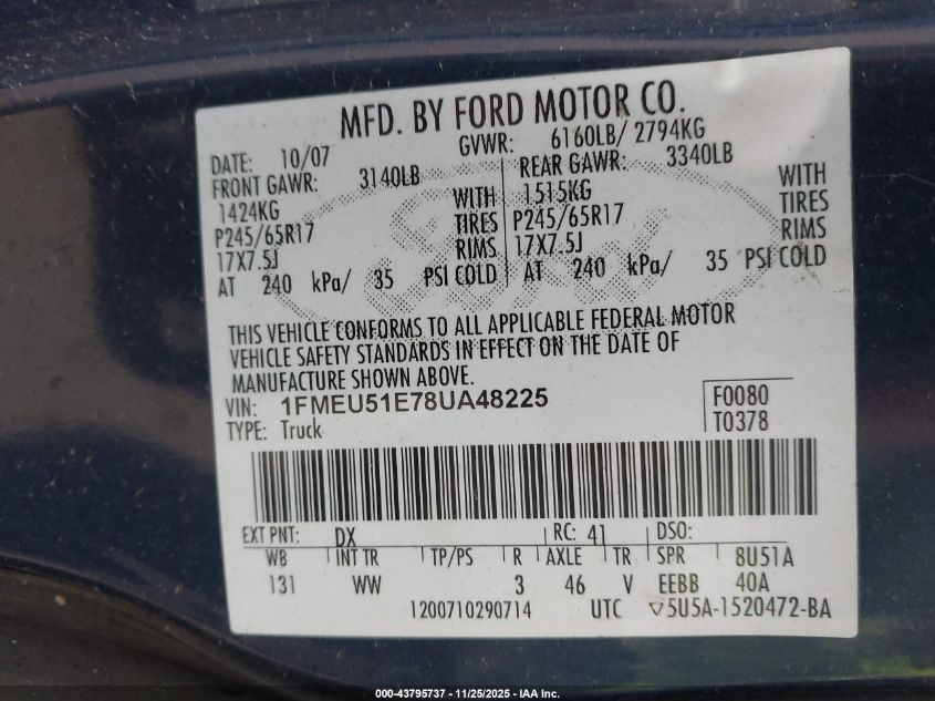 2008 Ford Explorer Sport Trac Xlt VIN: 1FMEU51E78UA48225 Lot: 43795737