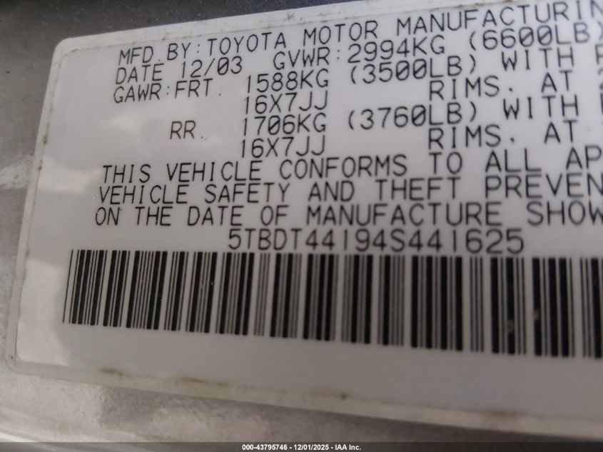 2004 Toyota Tundra Sr5 V8 VIN: 5TBDT44194S441625 Lot: 43795746