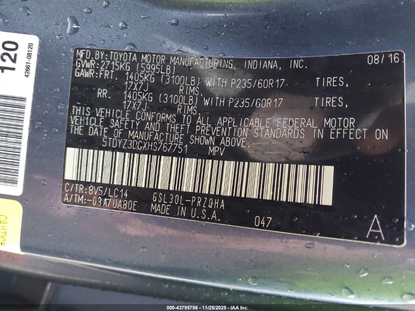 2017 Toyota Sienna Xle 8 Passenger VIN: 5TDYZ3DCXHS767751 Lot: 43795756