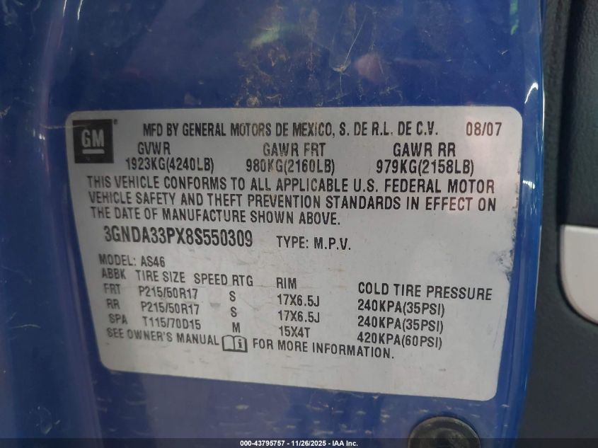 2008 Chevrolet Hhr Lt VIN: 3GNDA33PX8S550309 Lot: 43795757