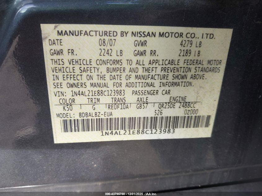 2008 Nissan Altima 2.5 S VIN: 1N4AL21E88C123983 Lot: 43795758