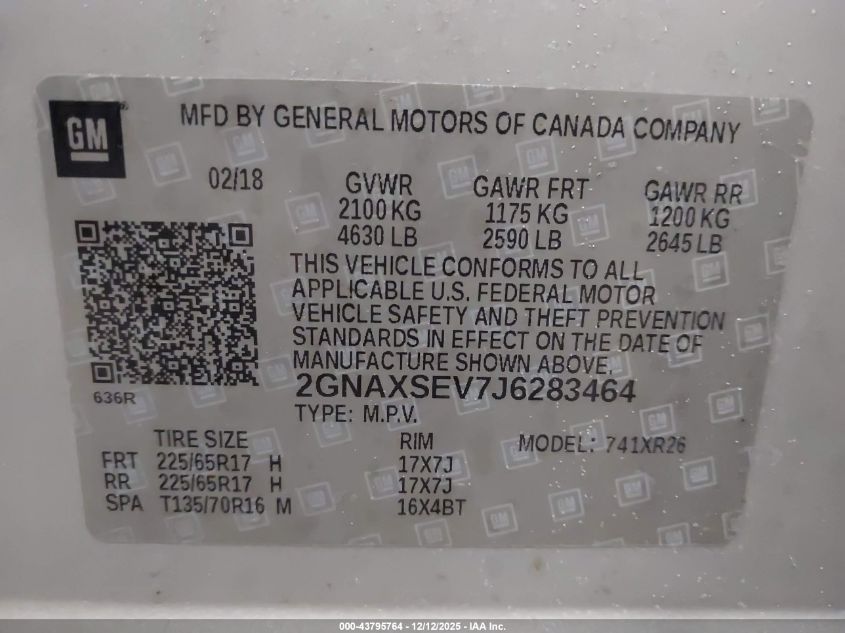 2018 Chevrolet Equinox Lt VIN: 2GNAXSEV7J6283464 Lot: 43795764