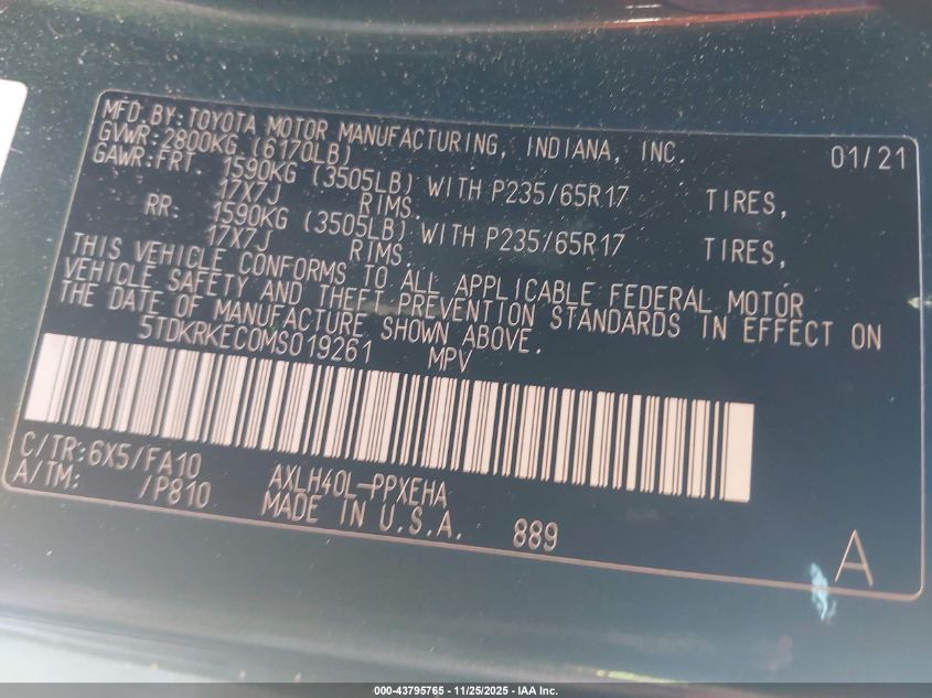 2021 Toyota Sienna Le VIN: 5TDKRKEC0MS019261 Lot: 43795765