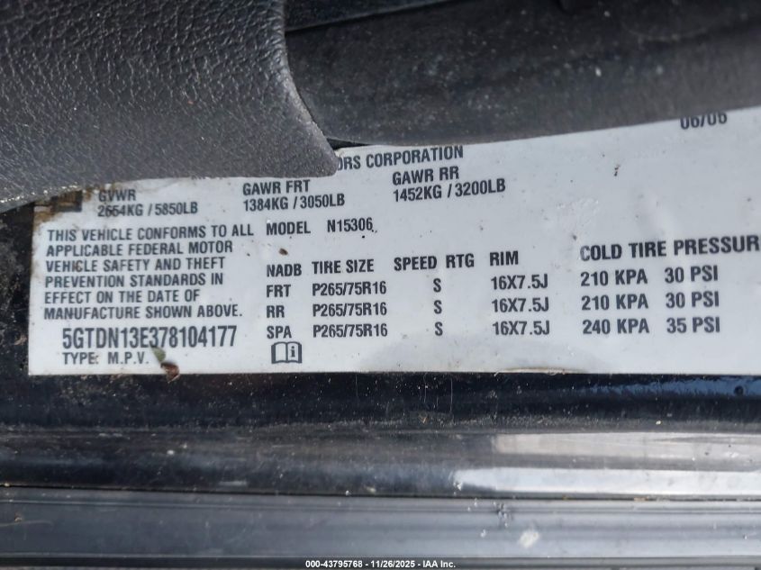 2007 Hummer H3 Suv VIN: 5GTDN13E378104177 Lot: 43795768