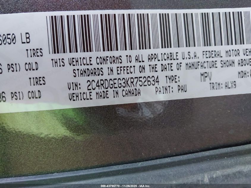 2019 Dodge Grand Caravan Gt VIN: 2C4RDGEG3KR752634 Lot: 43795770