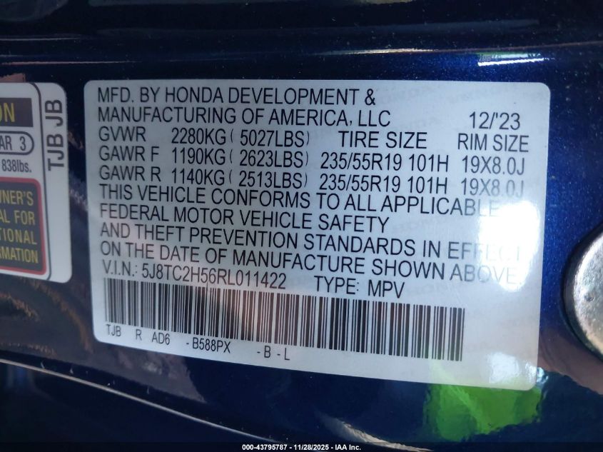 2024 Acura Rdx Technology Package VIN: 5J8TC2H56RL011422 Lot: 43795787