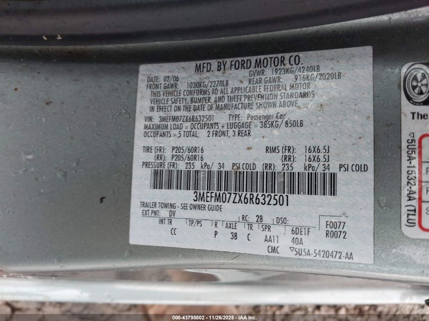 2006 Mercury Milan I4 VIN: 3MEFM07ZX6R632501 Lot: 43795802