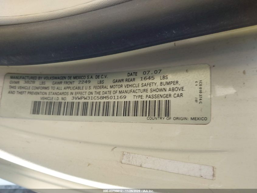 2008 Volkswagen New Beetle S/Se VIN: 3VWRW31C38M518383 Lot: 43795812