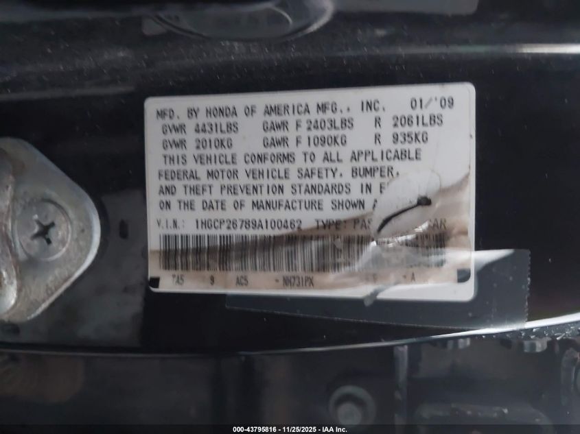 2009 Honda Accord 2.4 Ex VIN: 1HGCP26789A100462 Lot: 43795816