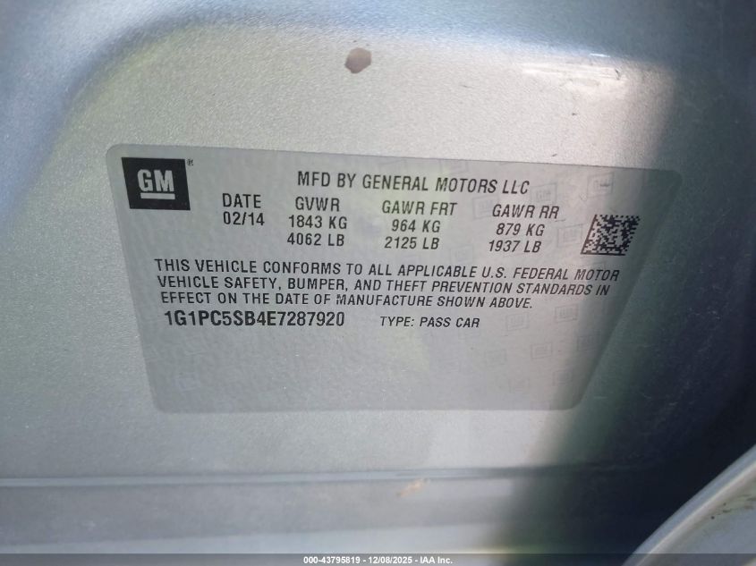 2014 Chevrolet Cruze 1Lt Auto VIN: 1G1PC5SB4E7287920 Lot: 43795819