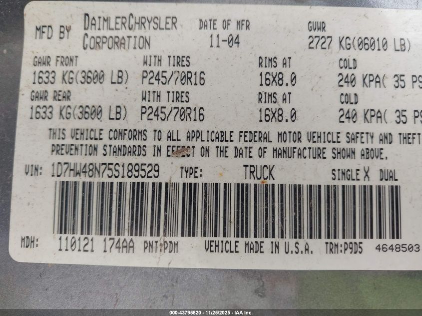 2005 Dodge Dakota Slt VIN: 1D7HW48N75S189529 Lot: 43795820