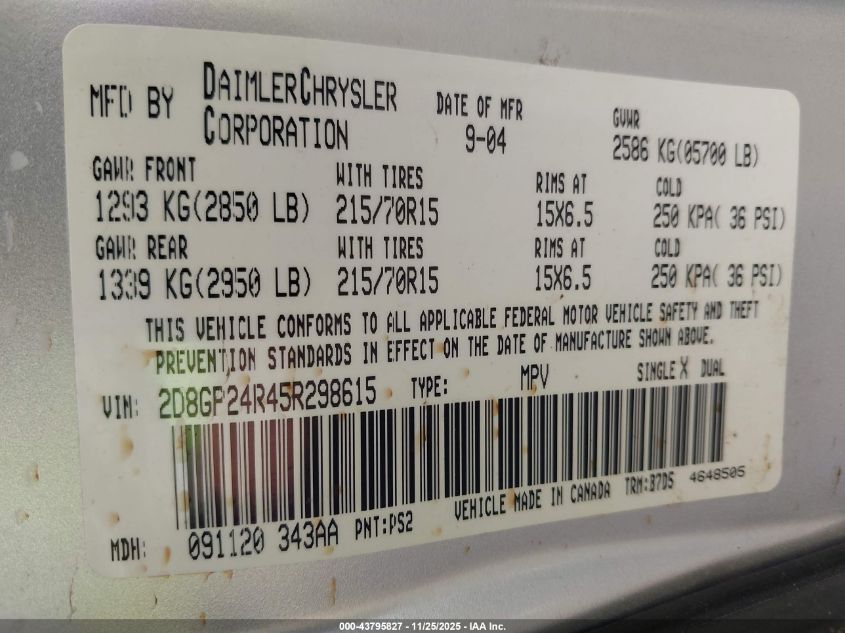 2005 Dodge Grand Caravan Se VIN: 2D8GP24R45R298615 Lot: 43795827