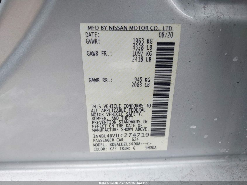 2020 Nissan Altima S Fwd VIN: 1N4BL4BV1LC274719 Lot: 43795838