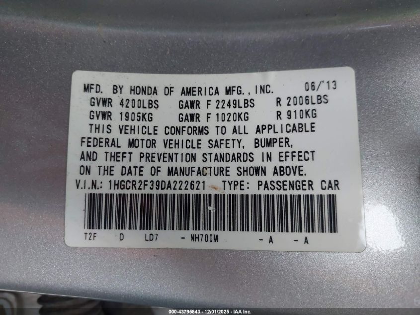 2013 Honda Accord Lx VIN: 1HGCR2F39DA222621 Lot: 43795843