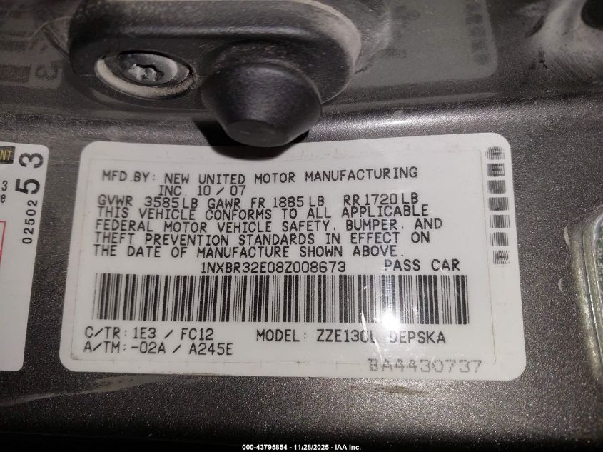 2008 Toyota Corolla S VIN: 1NXBR32E08Z008673 Lot: 43795854