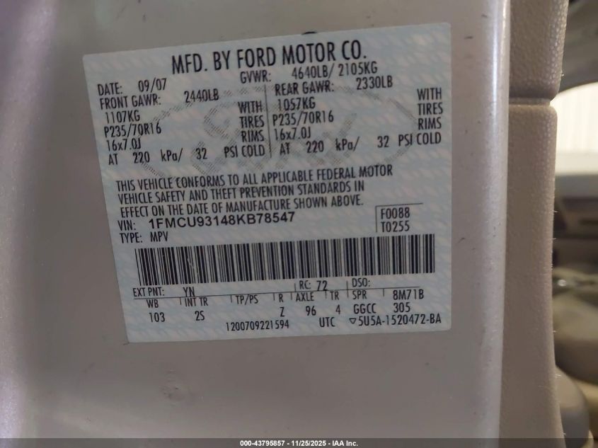 2008 Ford Escape Xlt VIN: 1FMCU93148KB78547 Lot: 43795857