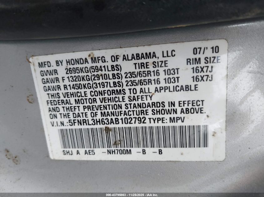 2010 Honda Odyssey Ex-L VIN: 5FNRL3H63AB102792 Lot: 43795863