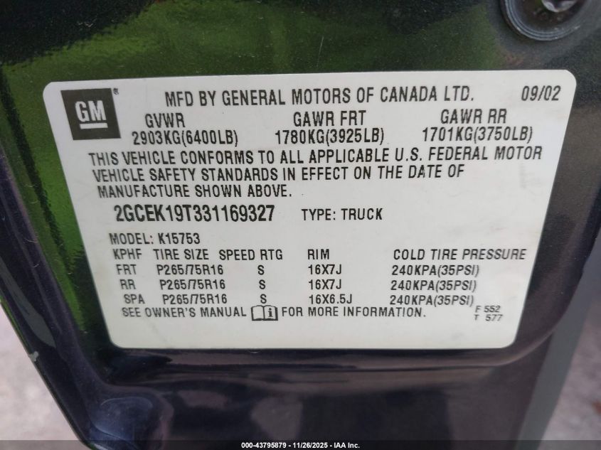 2003 Chevrolet Silverado 1500 Ls VIN: 2GCEK19T331169327 Lot: 43795879