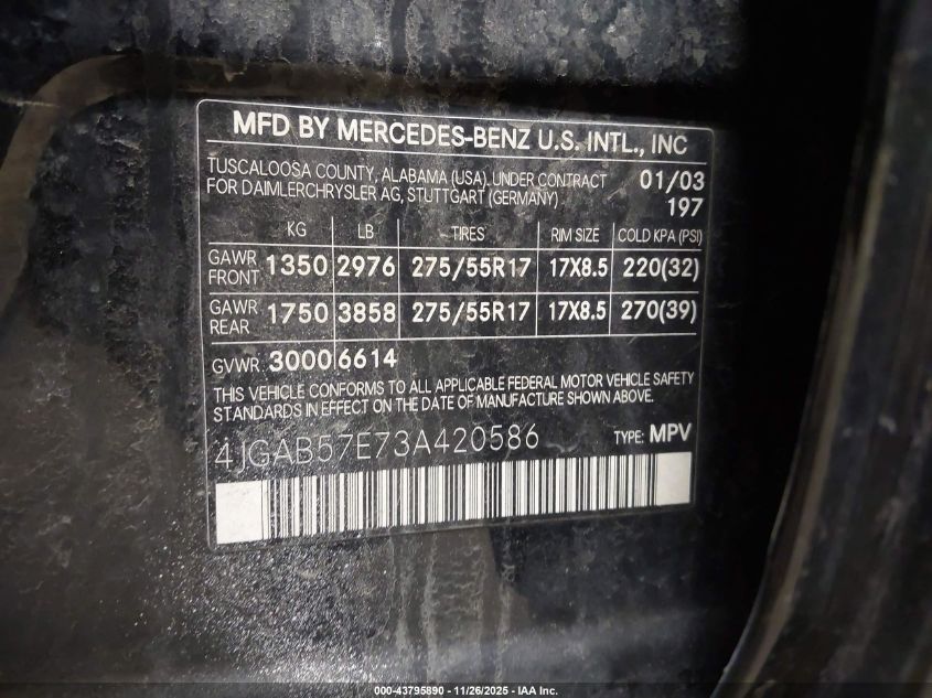 2003 Mercedes-Benz Ml 350 VIN: 4JGAB57E73A420586 Lot: 43795890