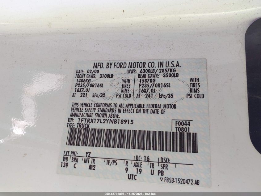 2000 Ford F-150 Lariat/Work Series/Xl/Xlt VIN: 1FTRX17L2YNB18915 Lot: 43795895