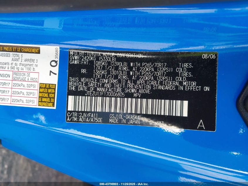 2007 Toyota Fj Cruiser VIN: JTEZU11F170006805 Lot: 43795903