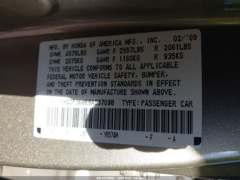 2009 Honda Accord 3.5 Ex-L VIN: 1HGCP36869A037098 Lot: 43795906