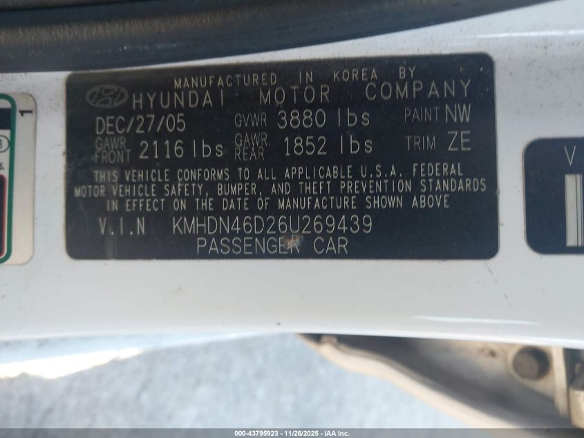 2006 Hyundai Elantra Gls/Limited VIN: KMHDN46D26U269439 Lot: 43795923