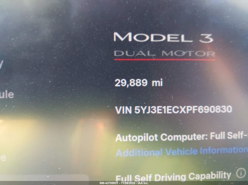 2023 Tesla Model 3 Performance Dual Motor All-Wheel Drive VIN: 5YJ3E1ECXPF690830 Lot: 43795931