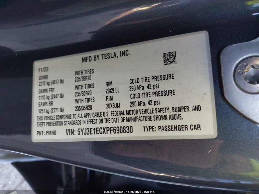 2023 Tesla Model 3 Performance Dual Motor All-Wheel Drive VIN: 5YJ3E1ECXPF690830 Lot: 43795931