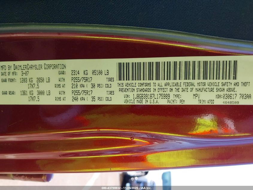 2007 Jeep Wrangler Unlimited X VIN: 1J8GB39187L175989 Lot: 43795932