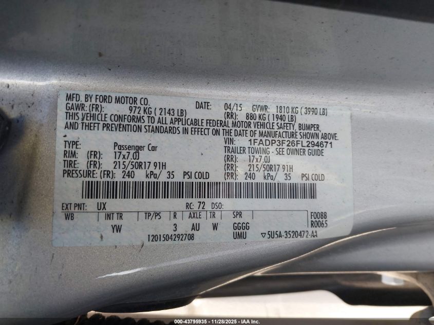 2015 Ford Focus Se VIN: 1FADP3F26FL294671 Lot: 43795935