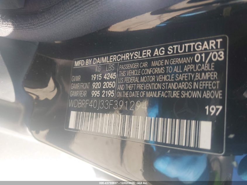 2003 Mercedes-Benz C 230 Kompressor Sport VIN: WDBRF40J33F391294 Lot: 43795937