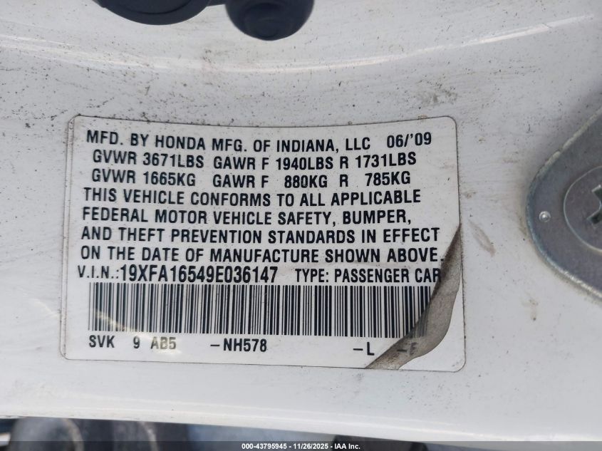 2009 Honda Civic Lx VIN: 19XFA16549E036147 Lot: 43795945
