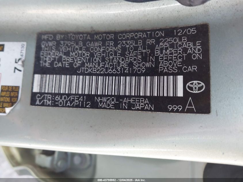 2006 Toyota Prius VIN: JTDKB22U663141709 Lot: 43795952