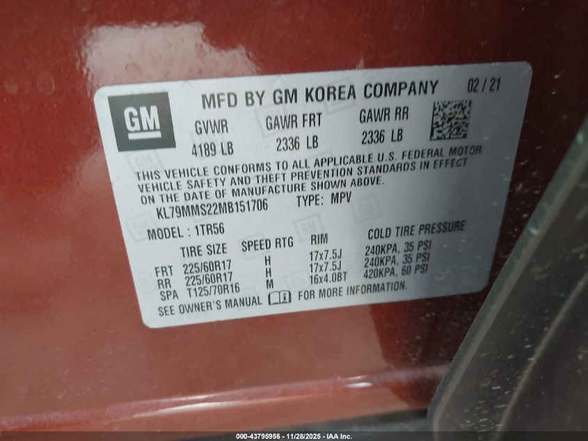 2021 Chevrolet Trailblazer Fwd Ls VIN: KL79MMS22MB151706 Lot: 43795956