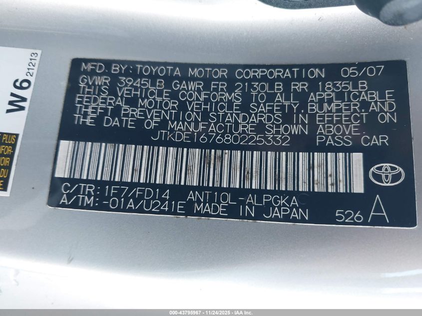 2008 Scion Tc VIN: JTKDE167680225332 Lot: 43795967