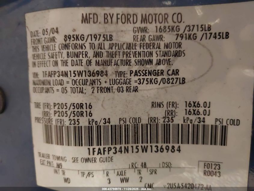 2005 Ford Focus Zx4 VIN: 1FAFP34N15W136984 Lot: 43795978