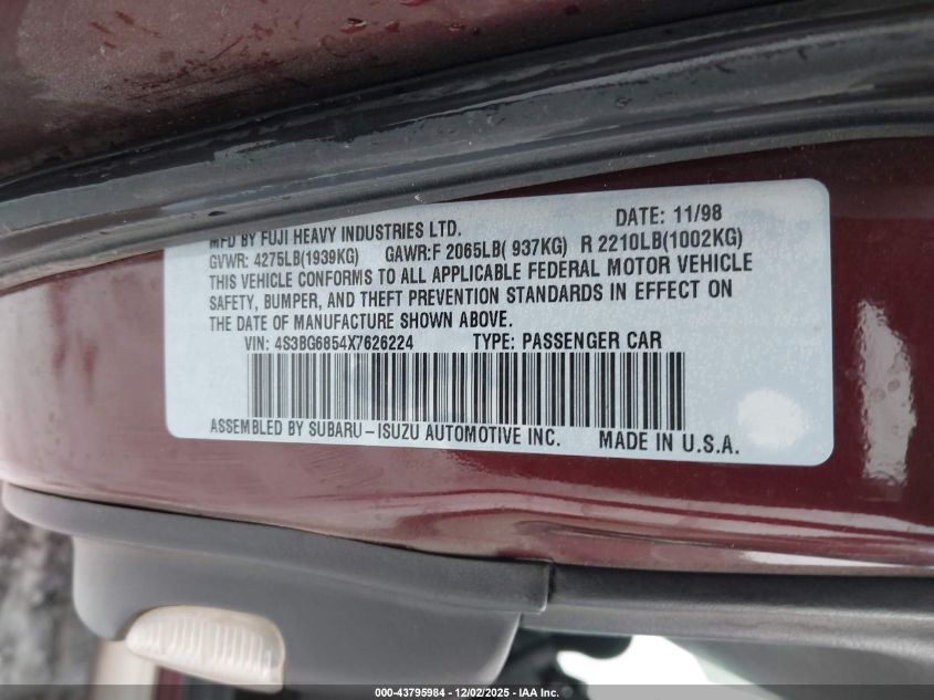 1999 Subaru Legacy 30Th Ann. Outback Ltd./Outback VIN: 4S3BG6854X7626224 Lot: 43795984