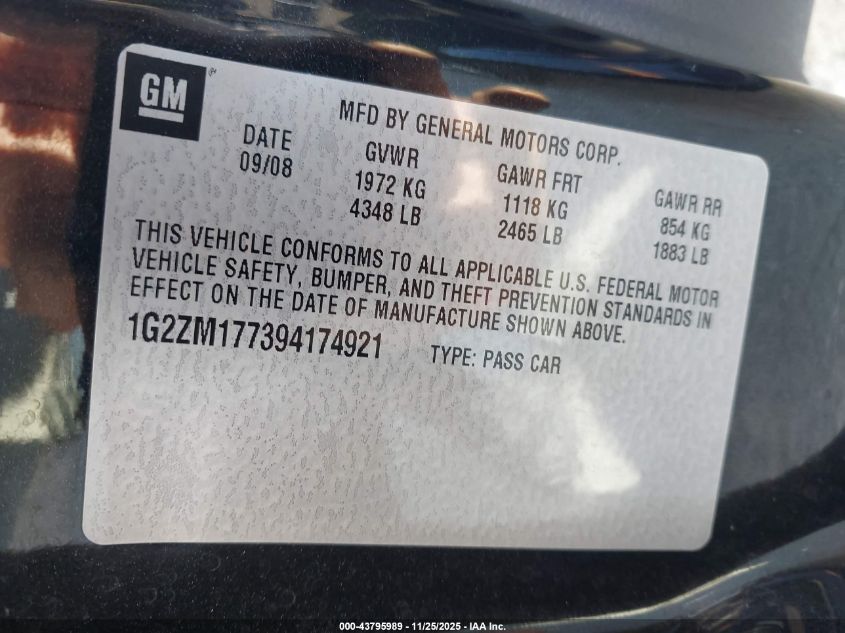 2009 Pontiac G6 Gxp VIN: 1G2ZM177394174921 Lot: 43795989