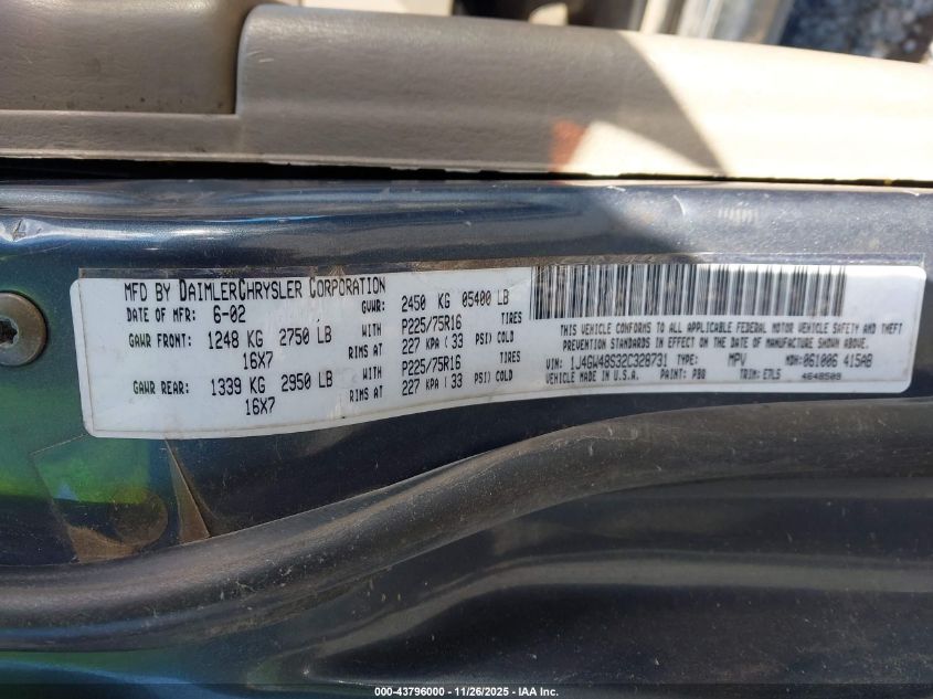 2002 Jeep Grand Cherokee Laredo VIN: 1J4GW48S32C328731 Lot: 43796000