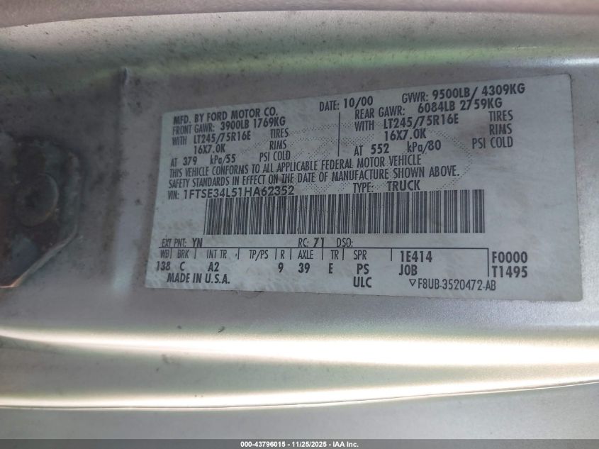 2001 Ford E-350 Super Duty Commercial/Recreational VIN: 1FTSE34L51HA62352 Lot: 43796015