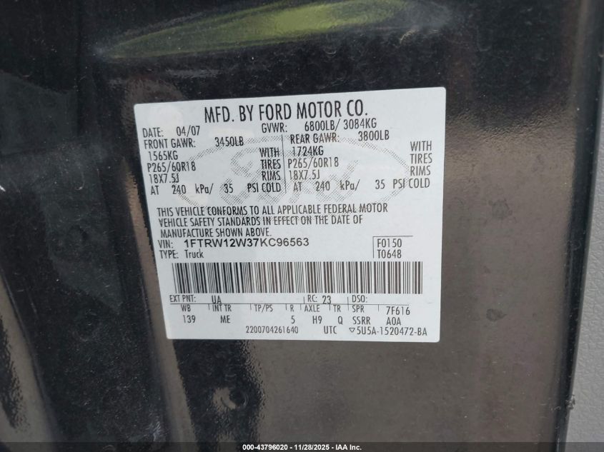 2007 Ford F-150 Xlt VIN: 1FTRW12W37KC96563 Lot: 43796020