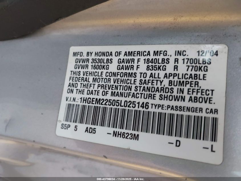 2005 Honda Civic Lx VIN: 1HGEM22505L025146 Lot: 43796034