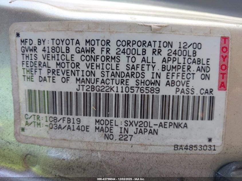 2001 Toyota Camry Ce/Le/Xle VIN: JT2BG22K110576589 Lot: 43796044