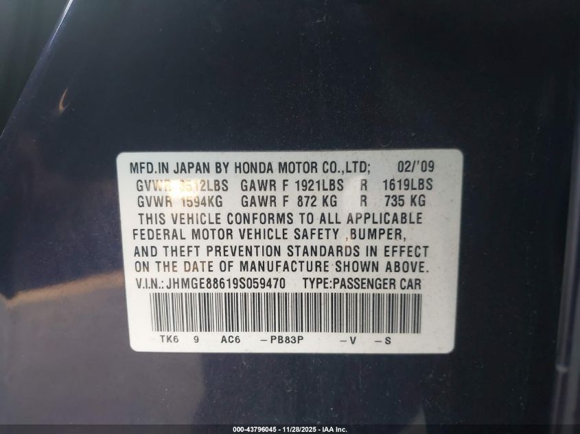 2009 Honda Fit Sport VIN: JHMGE88619S059470 Lot: 43796045