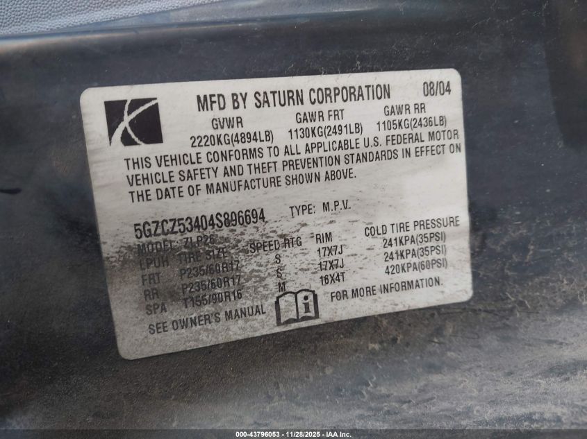 2004 Saturn Vue V6 VIN: 5GZCZ53404S896694 Lot: 43796053